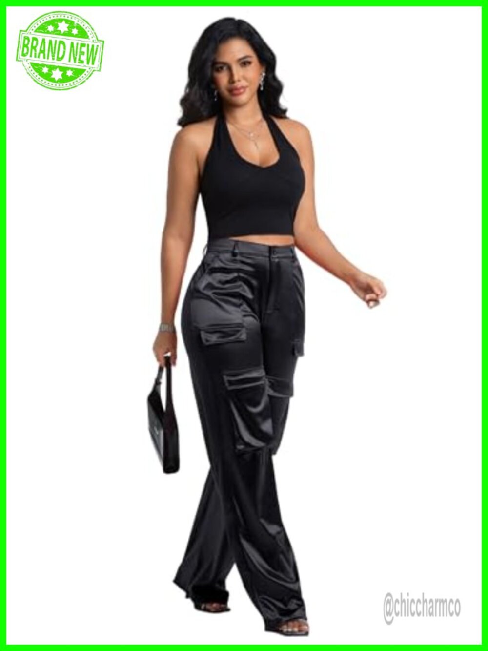 Metallic Satin Cargo Pants High Waist Wide Leg Dressy Going Out
